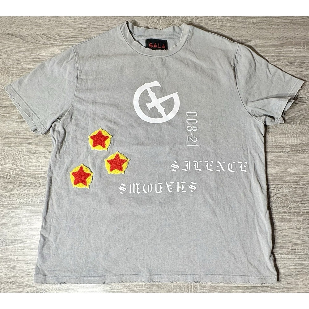 GALA Embroidered T-Shirt Men 3XL Gray Crew Distressed Short Sleeve Cotton Tshirt